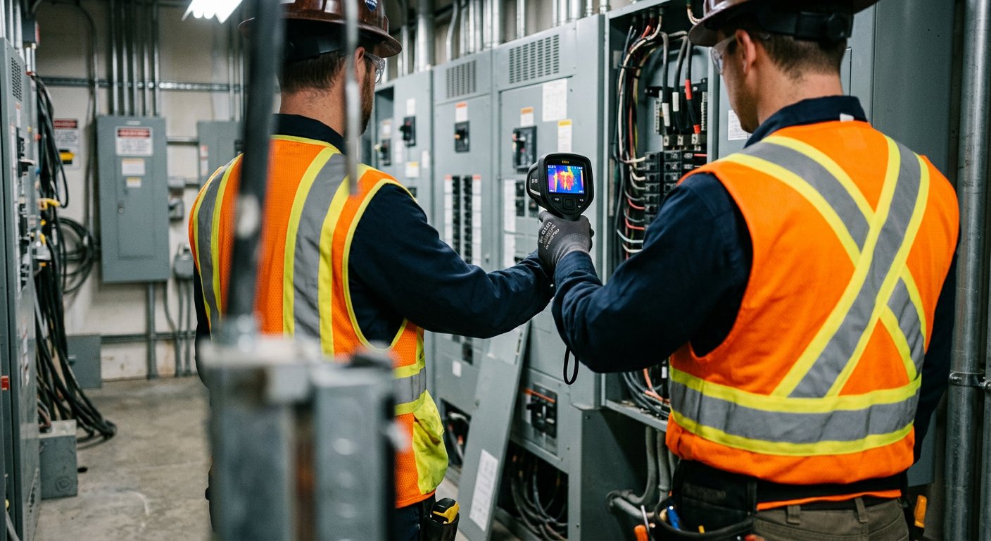 Energy auditor performing a thermal survey in a commercial electrical room